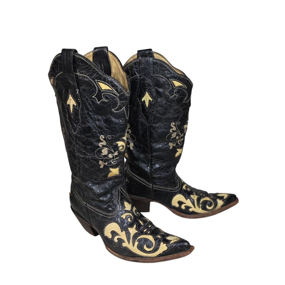 Corral Western Black Distressed Leather Vintage Lizard Inlay Cowboy Boots